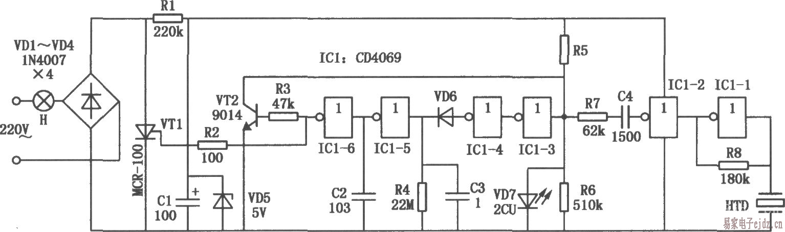 CD4069组成的照明灯节能控制器电路图