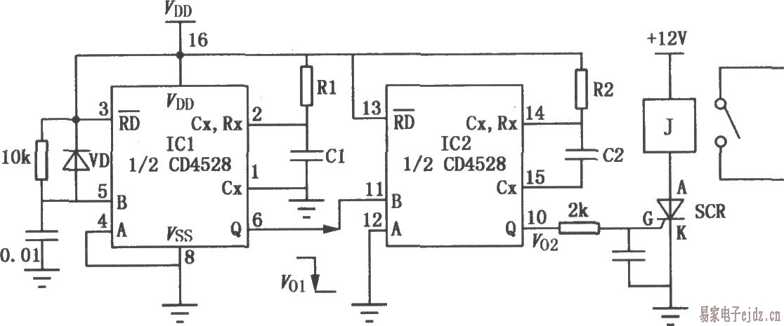 单稳态触发器CD4528组成的延时电路图