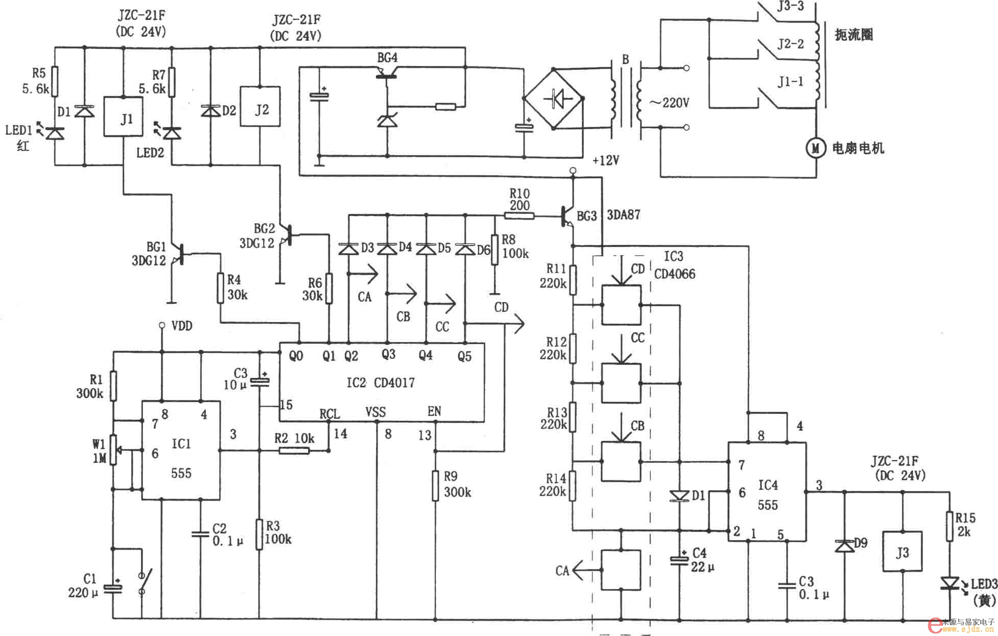 电扇自动程序控制器(CD4017、555)