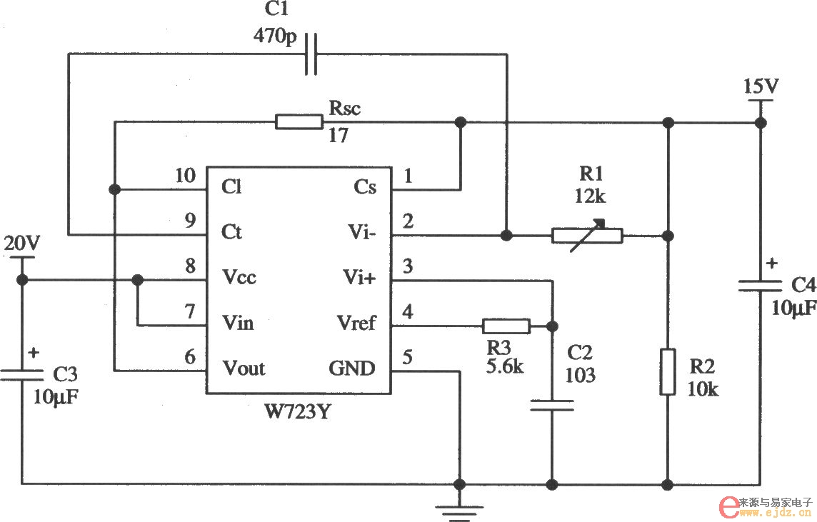 W723的高压限流型保护应用电路图