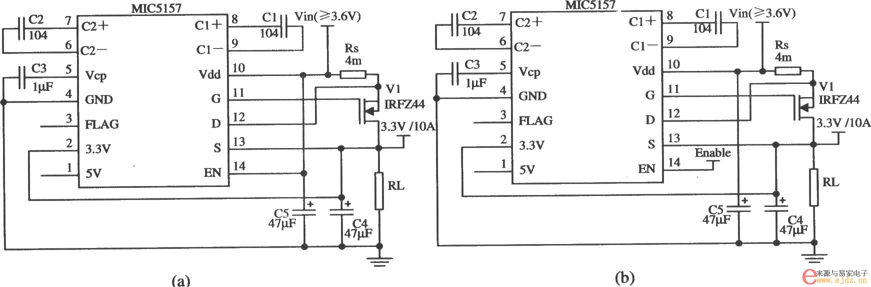MIC5157构成的输出3.3 V／lOA的线性稳压器电路图