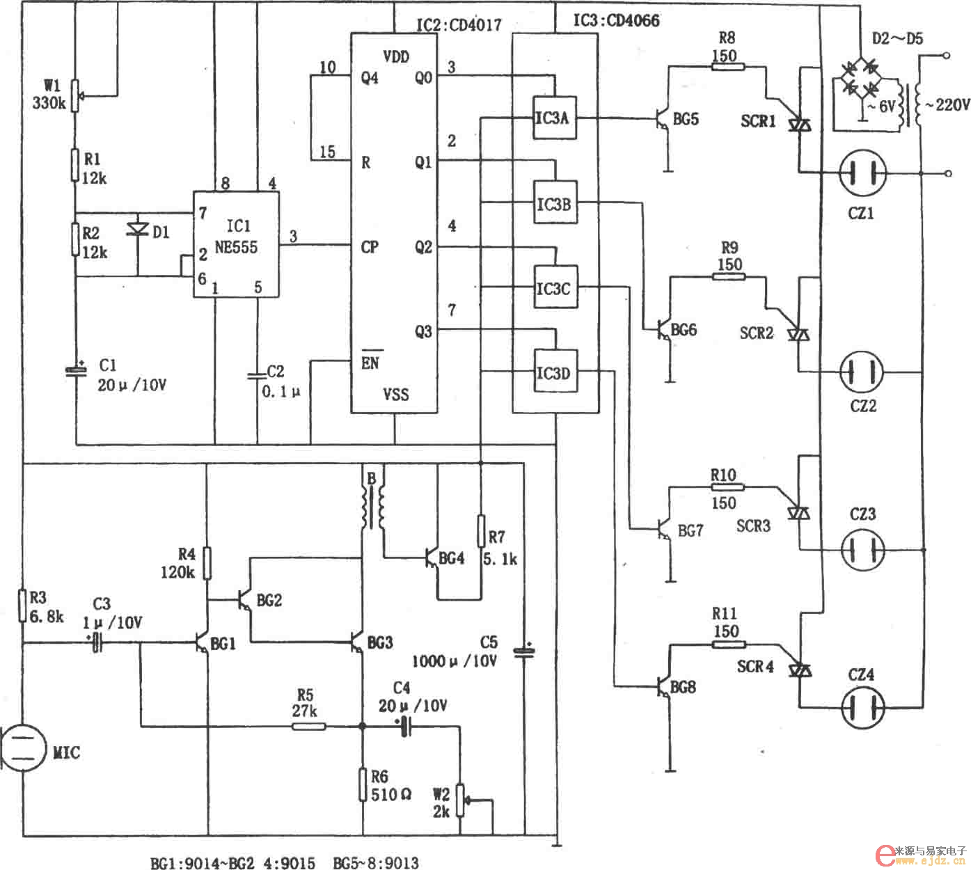 音乐彩灯控制器(NE555、CD4066、CD4017)电路图