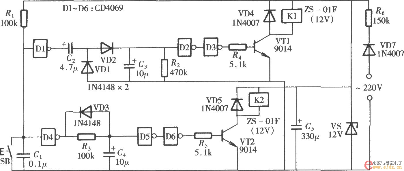 CD4069组成的单按钮控制的双路电源开关电路图