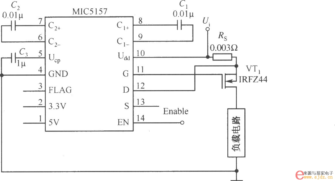 MIC5157组成的正沿触发的开关电路图