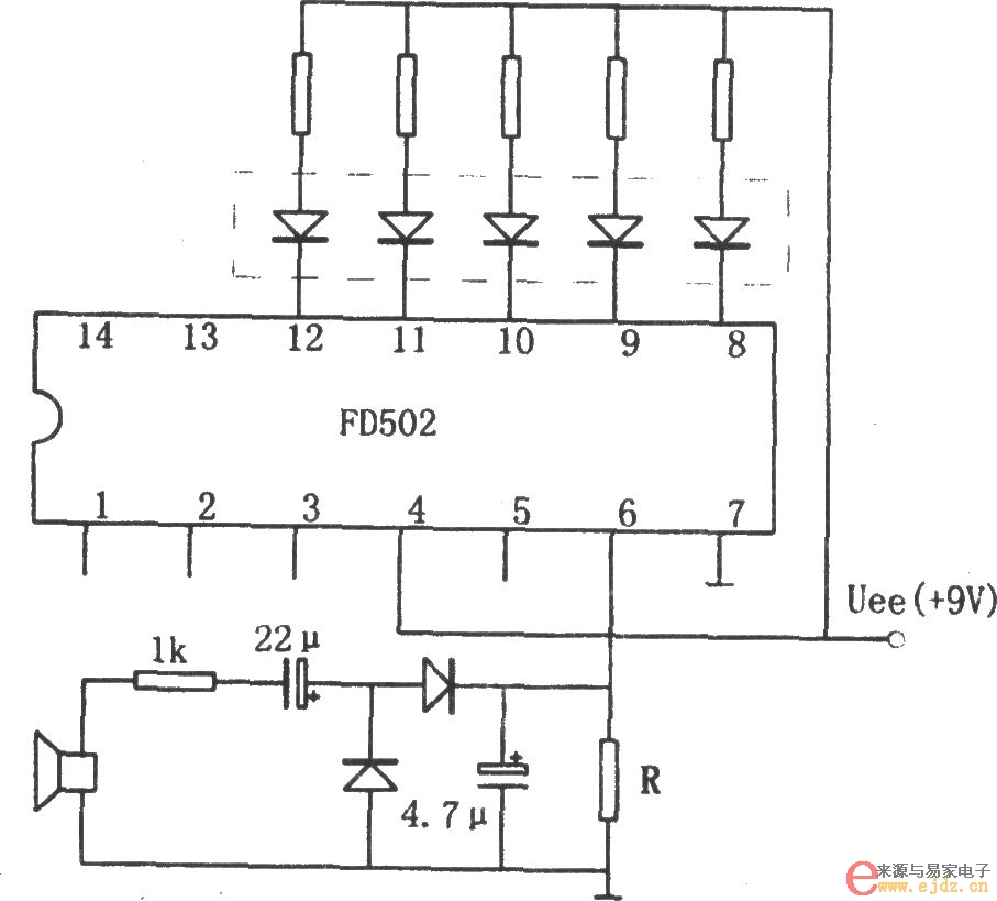 用五位LED显示器做音响功率指示电路(FD502)