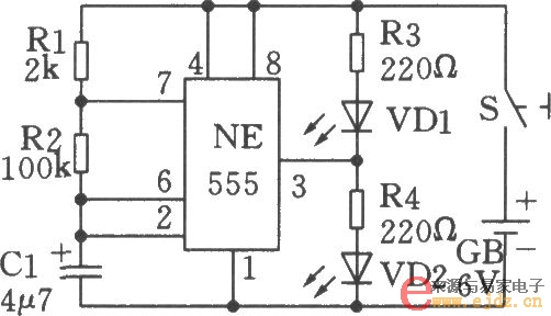 利用555时基电路制成的低频振荡(闪烁发光电路)电路二