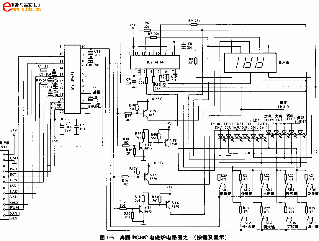 奔腾PC20C电磁炉按键及显示部分电路图