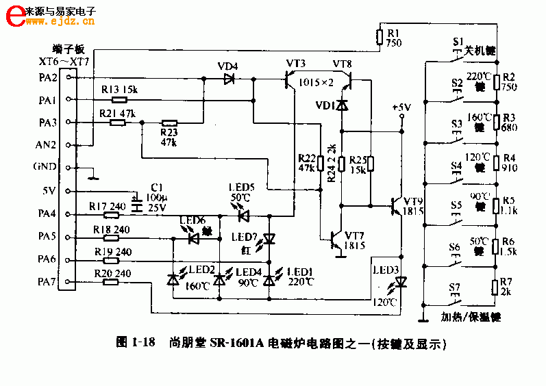 尚朋堂SR-1601A电磁炉电路图-按键及显示部分电路图