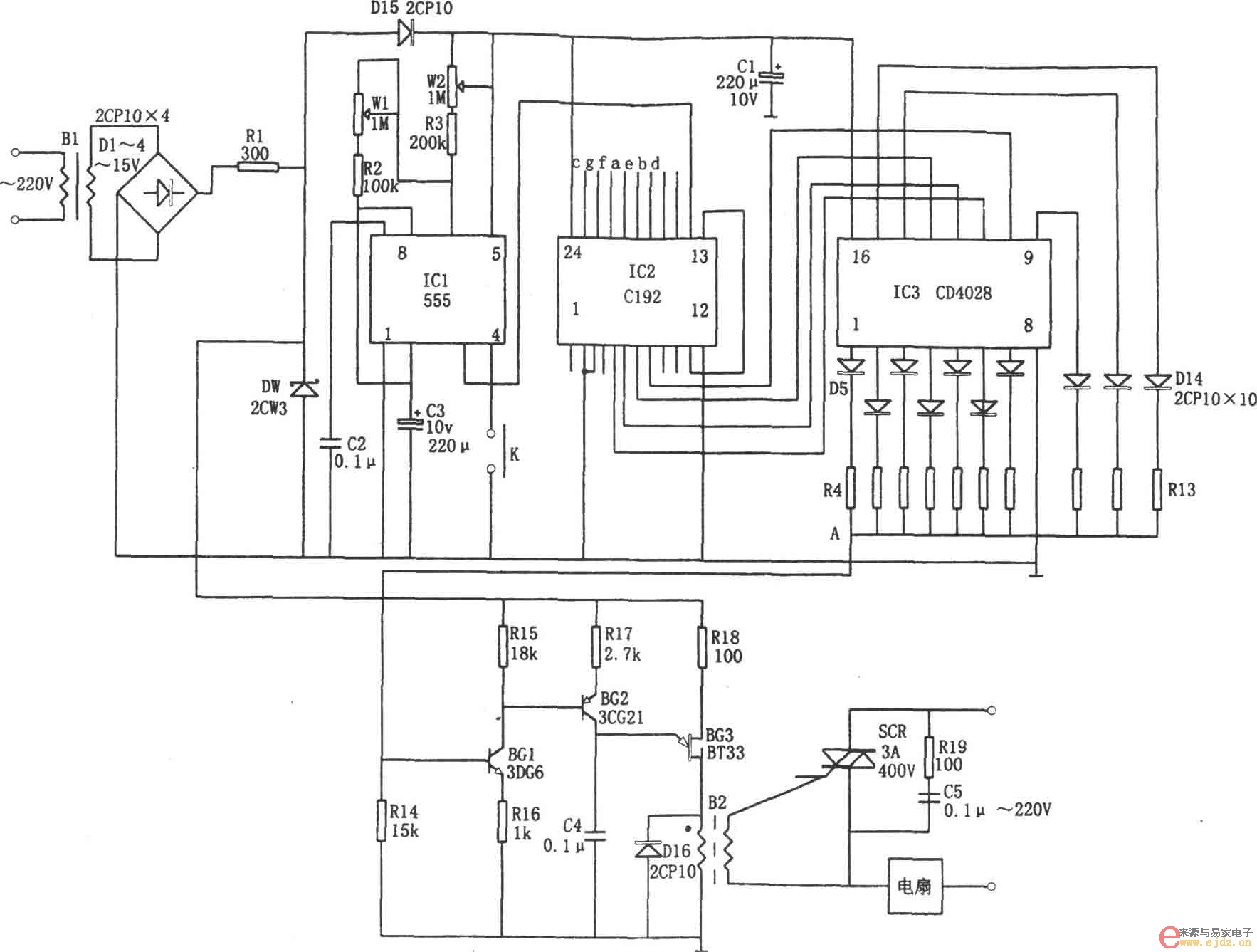 自动变换l0挡风速的控制器(C192、555、CD4028)