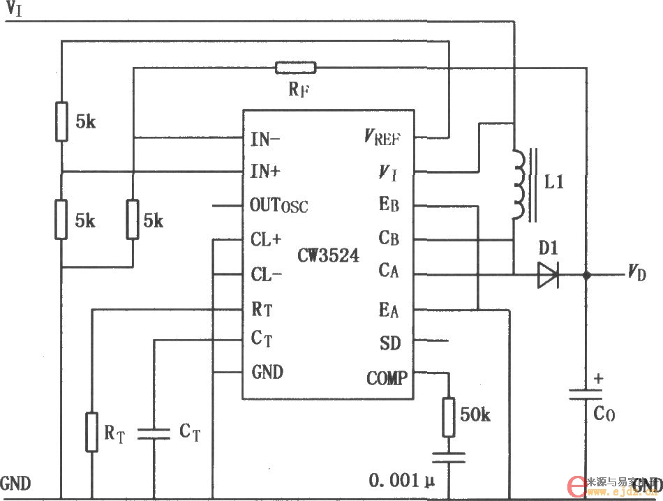 CW1524/2524/3524脉宽调制功率控制器的典型应用电路图
