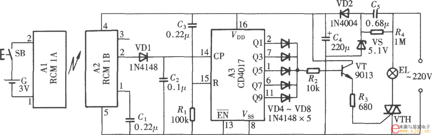 无线电遥控照明开关(CD4017、RCM1)电路图