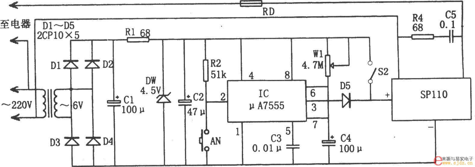 μA7555构成的交流电定时开关控制器电路图