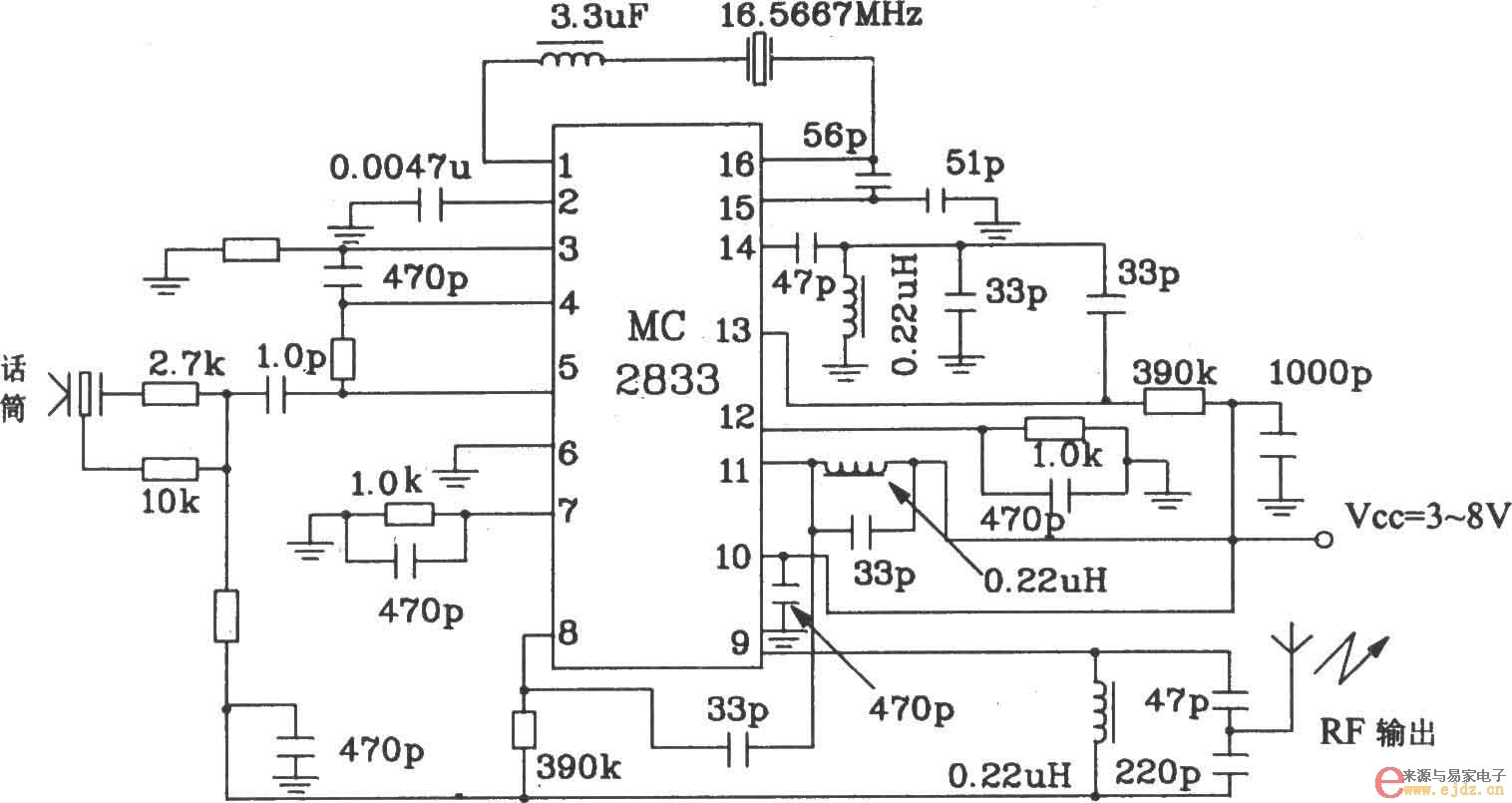 由MC2833构成的无线电发射典型应用电路图