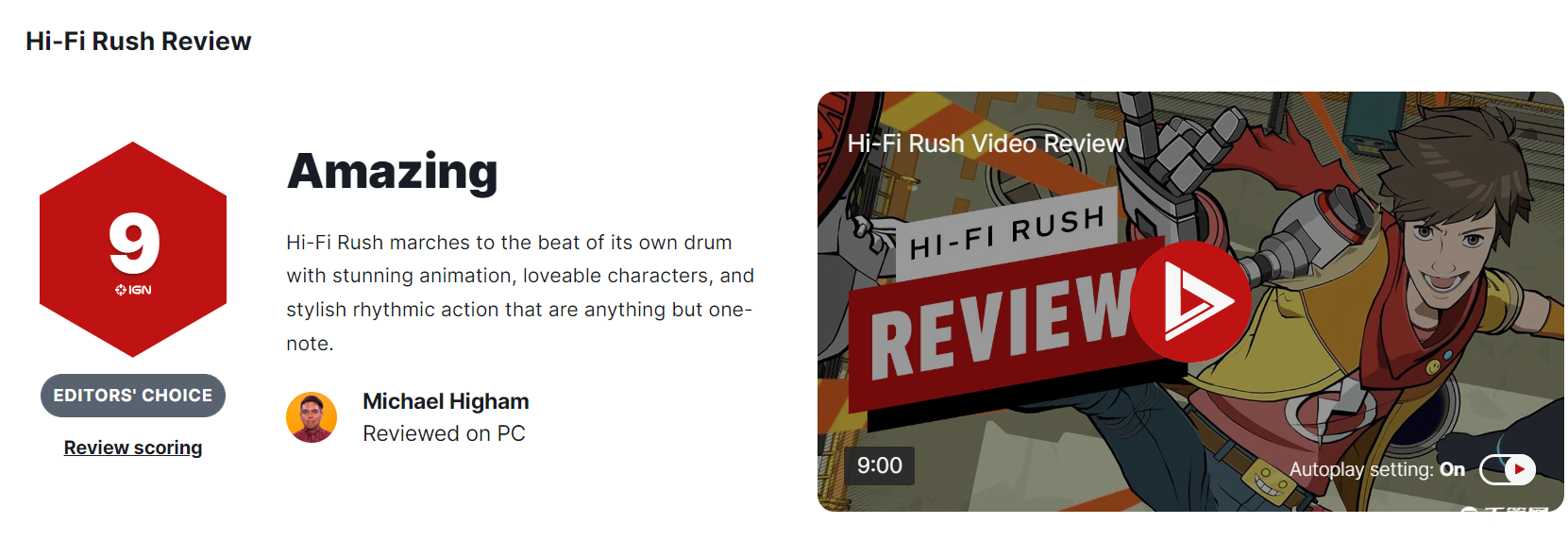 音游《Hi-Fi RUSH》IGN评分为9分，IGN称之为伟大的音游作品