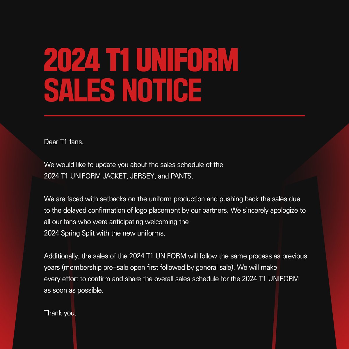 T1官推公告：2024春季赛队服的制作和销售日程将被推迟